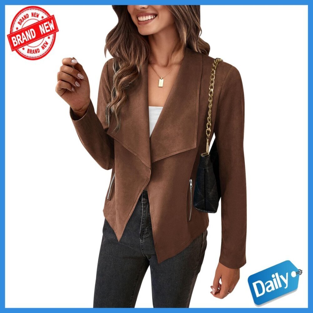 Faux Suede Cropped Jacket, Long Sleeve Open Front, Fall Winter Coat
